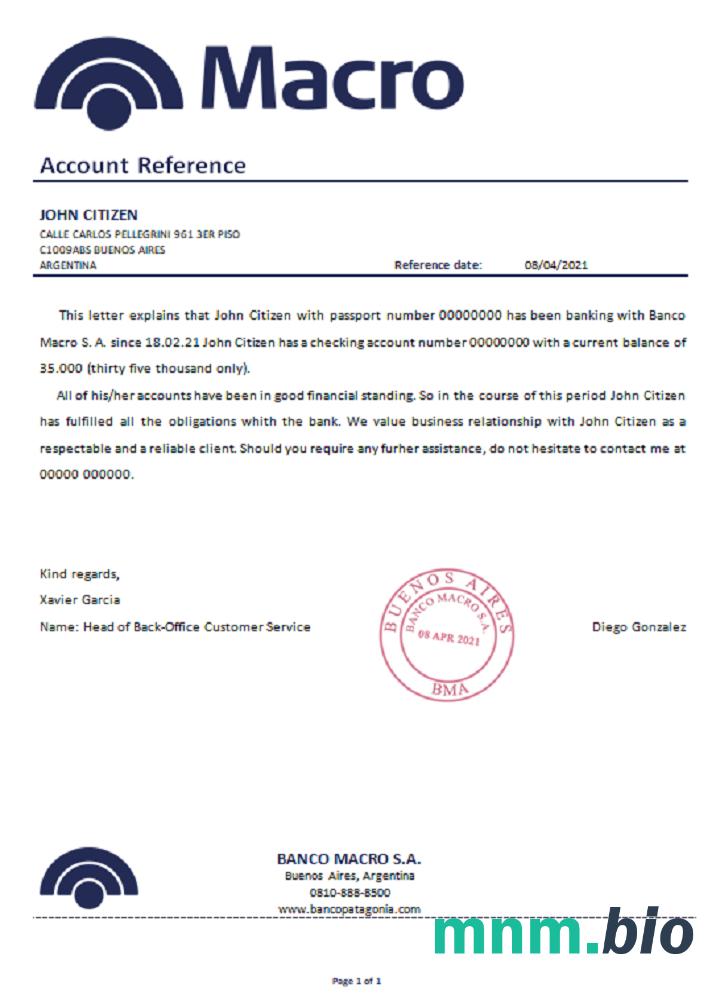 Argentyna Banco Makro przykład odniesienia w formatach Word i PDF
